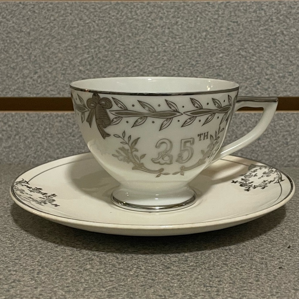 Lefton 25TH ANNIVERSARY CUP AND SAUCER‎ SET JAPAN #281 Vintage 5.75”W silver VTG